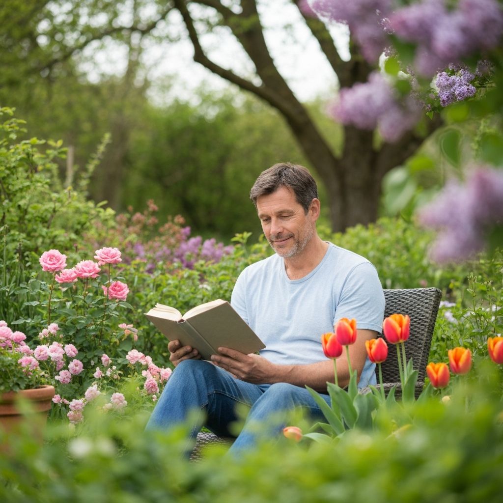 Man reading in peaceful garden